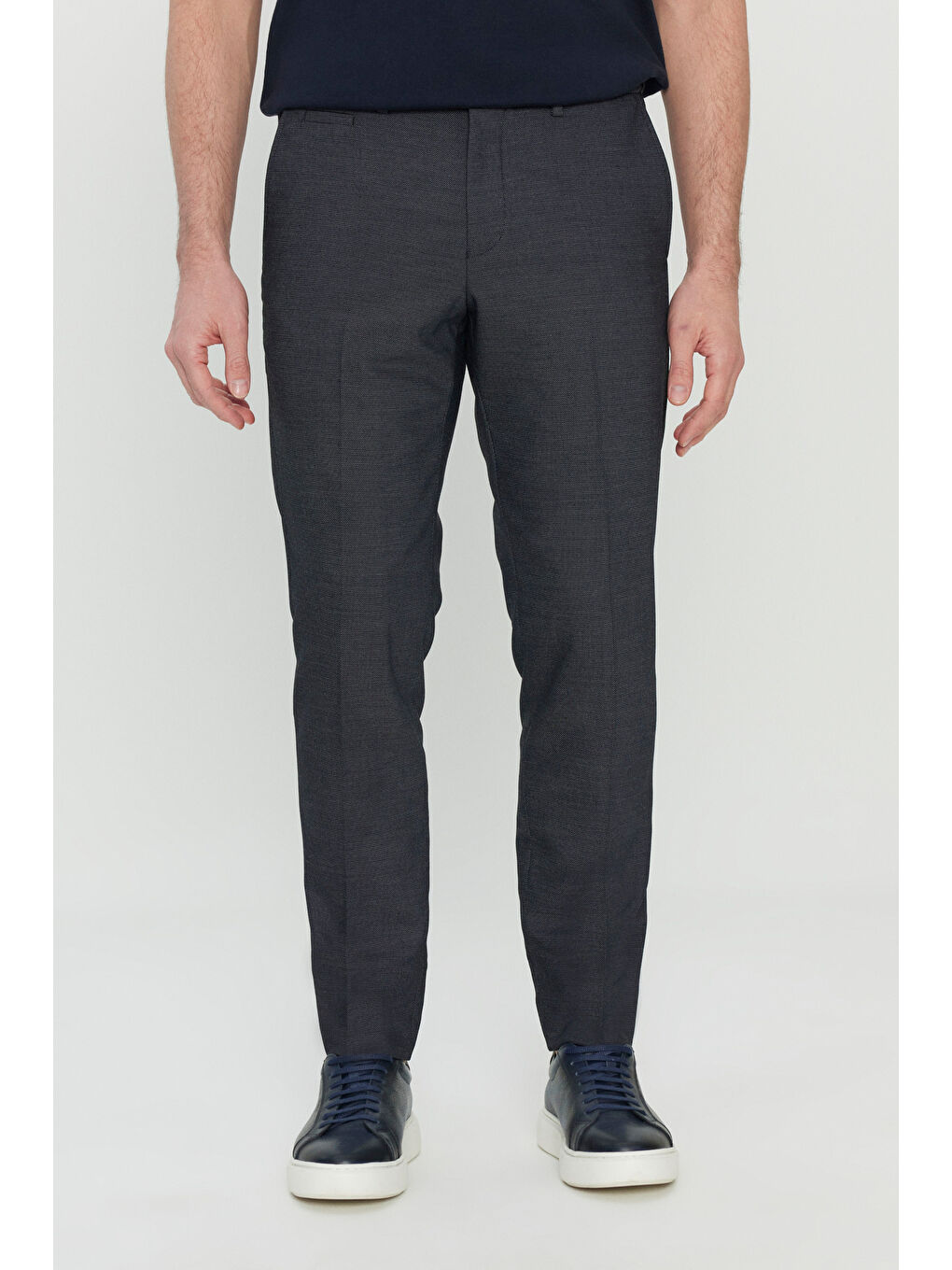 Erkek Lacivert Yünlü Slim Fit Beli Gizli Lastikli Armürlü Yan Cepli Esnek Klasik Pantolon