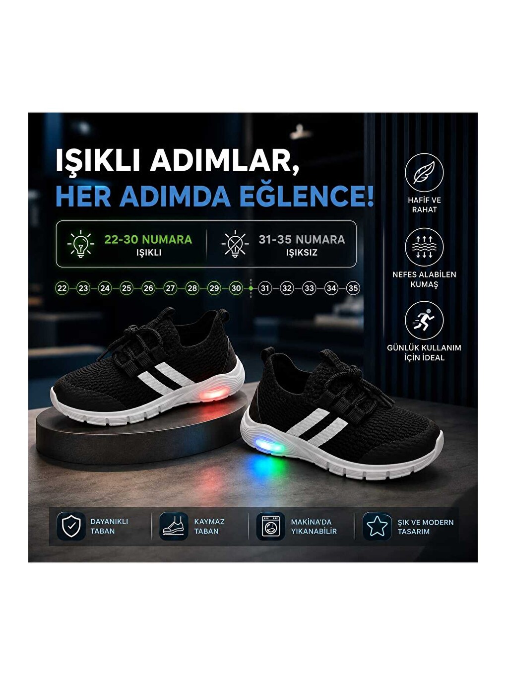 Siyah Unisex Çocuk Işıklı Spor Ayakkabı Rahat Günlük Sneaker-2