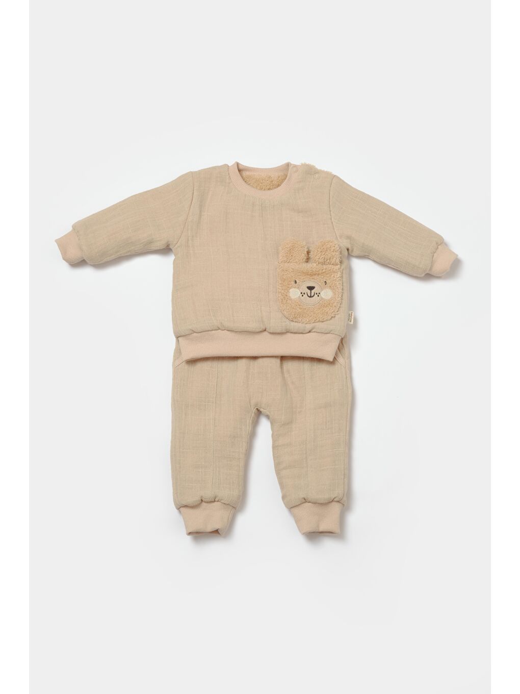 Unisex Bebek Pamuklu Açık Bej Müslin Polar Astarlı Takım – Ayıcık Cepli Sweatshirt & Eşofman Altı