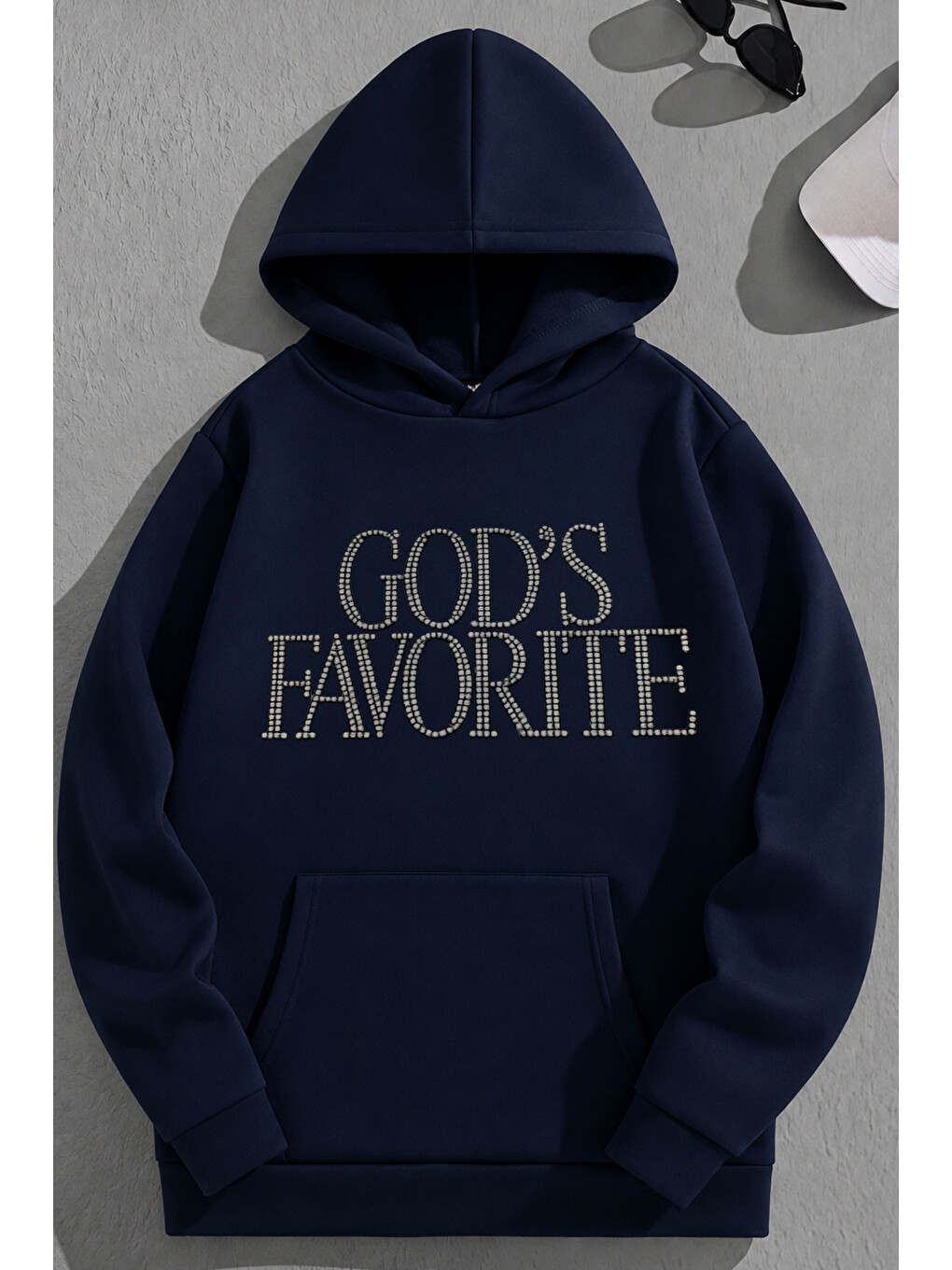 Unisex 3 İplik Pamuklu Lacivert Godsfavorite Baskı Bol Kalıp Sweatshirt Hoodie