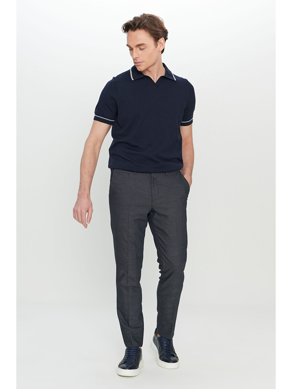 Erkek Lacivert Yünlü Slim Fit Beli Gizli Lastikli Armürlü Yan Cepli Esnek Klasik Pantolon-1