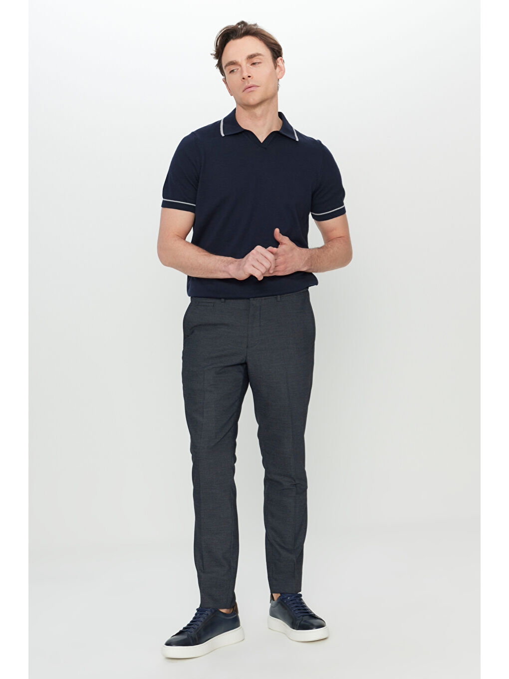 Erkek Lacivert Yünlü Slim Fit Beli Gizli Lastikli Armürlü Yan Cepli Esnek Klasik Pantolon-2