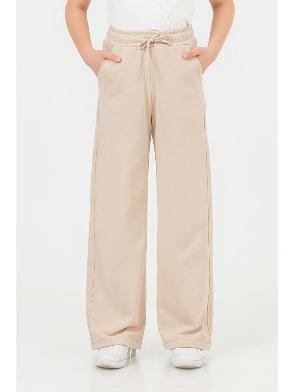 Kız Çocuk Pamuklu Ekru Geniş Paça Eşofman Altı - Cepli Lastik Belli