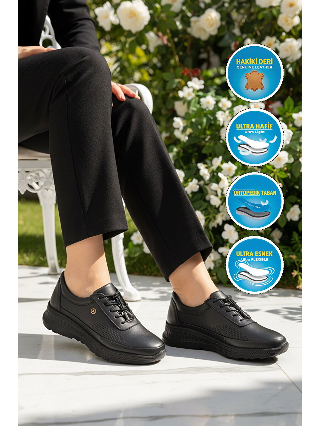 Siyah Hakiki Deri Ortopedik Kadın Casual Ayakkabı 690 Z-2