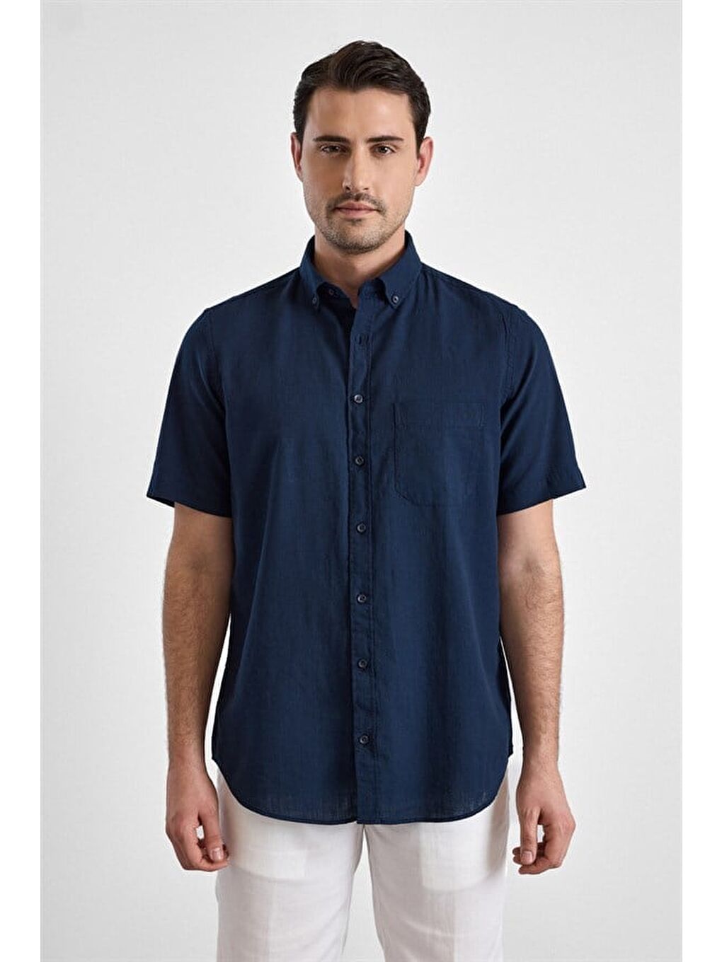 Lacivert Regular Düğmeli Yaka Düz Casual Gömlek