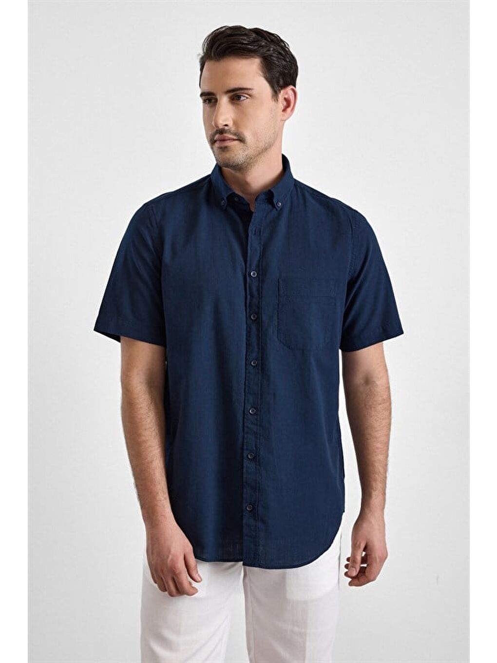 Lacivert Regular Düğmeli Yaka Düz Casual Gömlek-1
