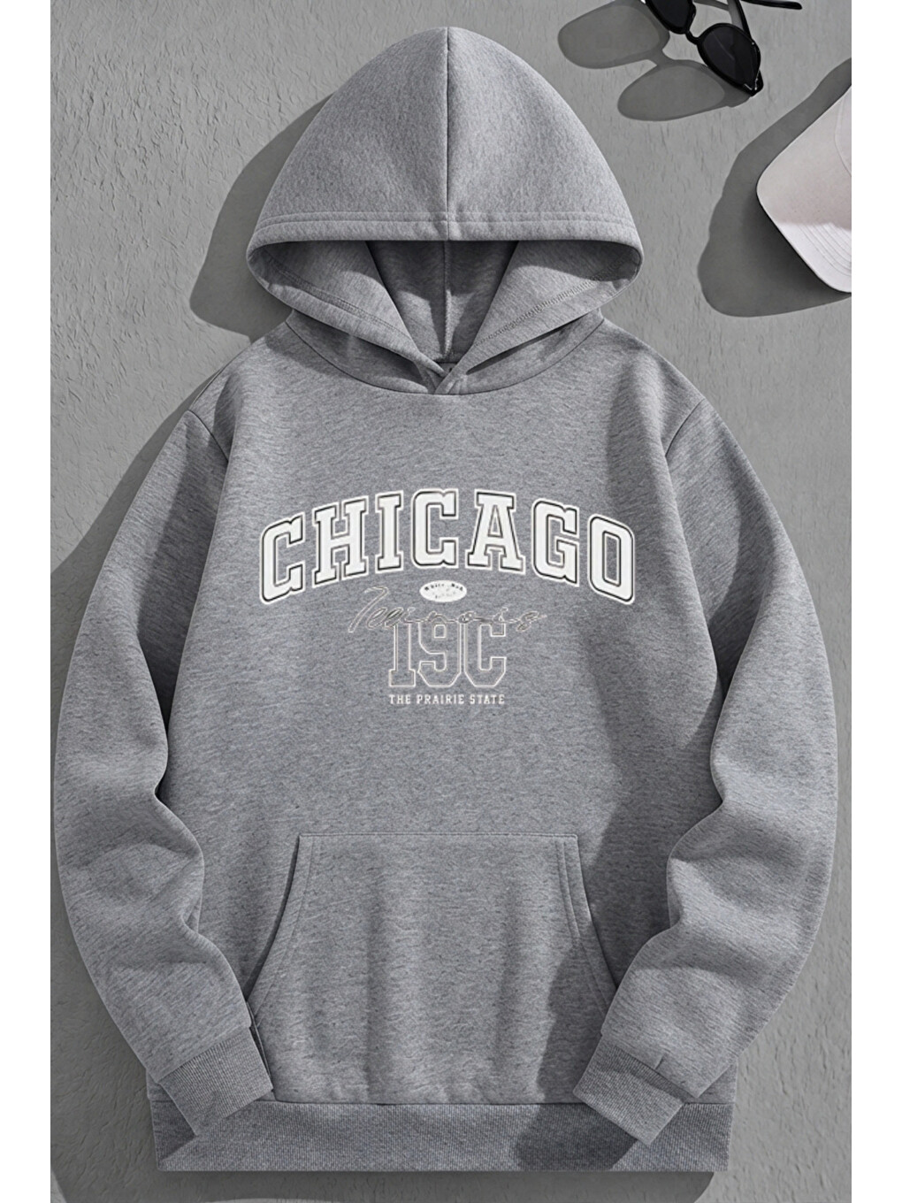 Unisex 3 İplik Pamuklu Gri Chicago19c Baskı Bol Kalıp Sweatshirt Hoodie