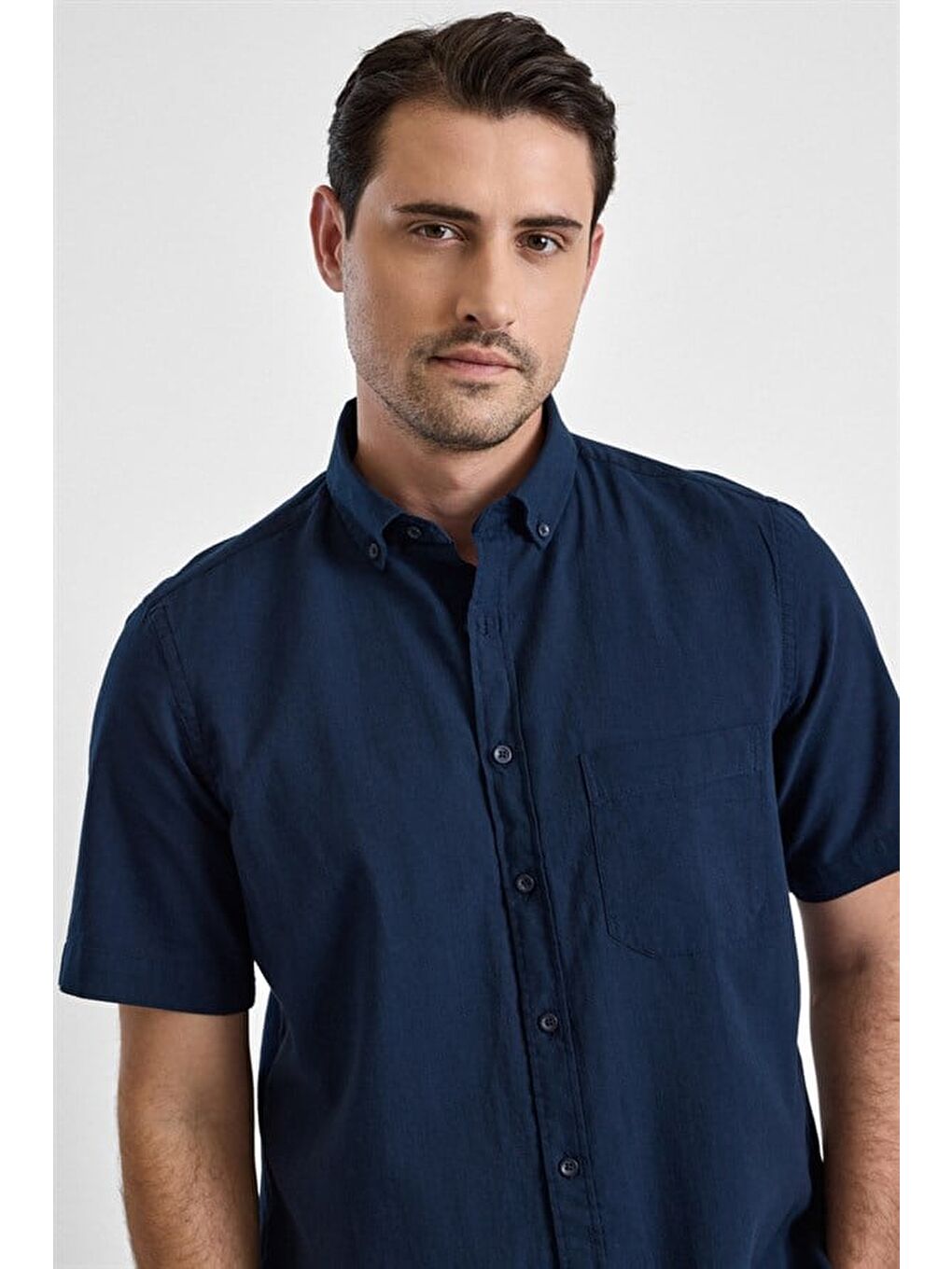 Lacivert Regular Düğmeli Yaka Düz Casual Gömlek-2