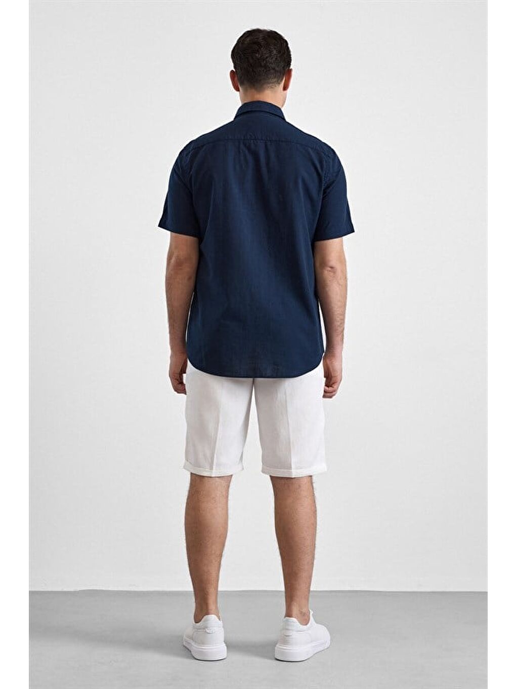 Lacivert Regular Düğmeli Yaka Düz Casual Gömlek-3