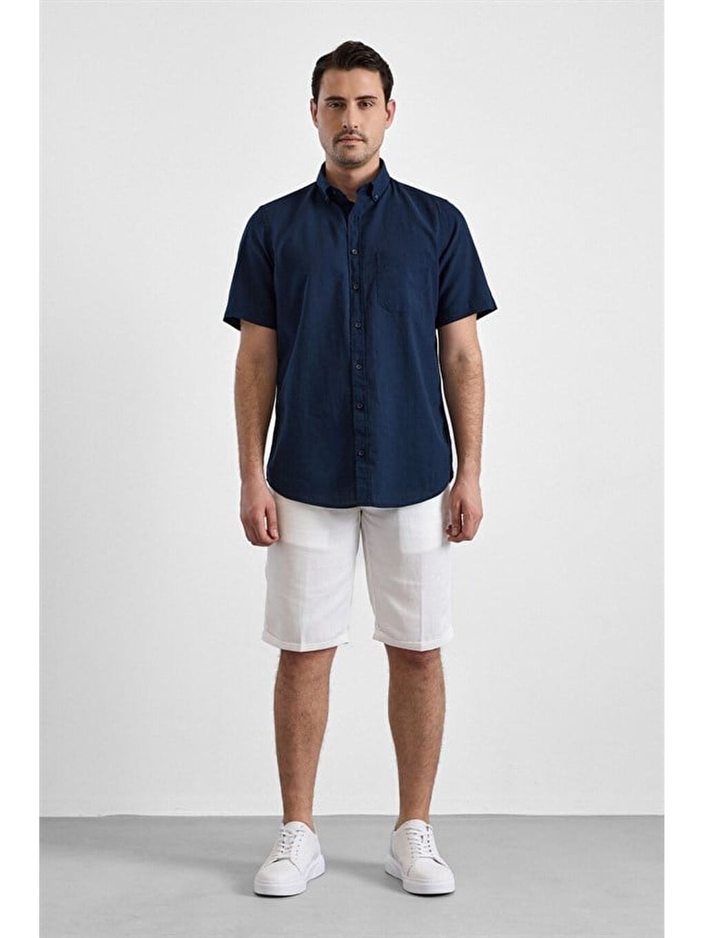 Lacivert Regular Düğmeli Yaka Düz Casual Gömlek-4