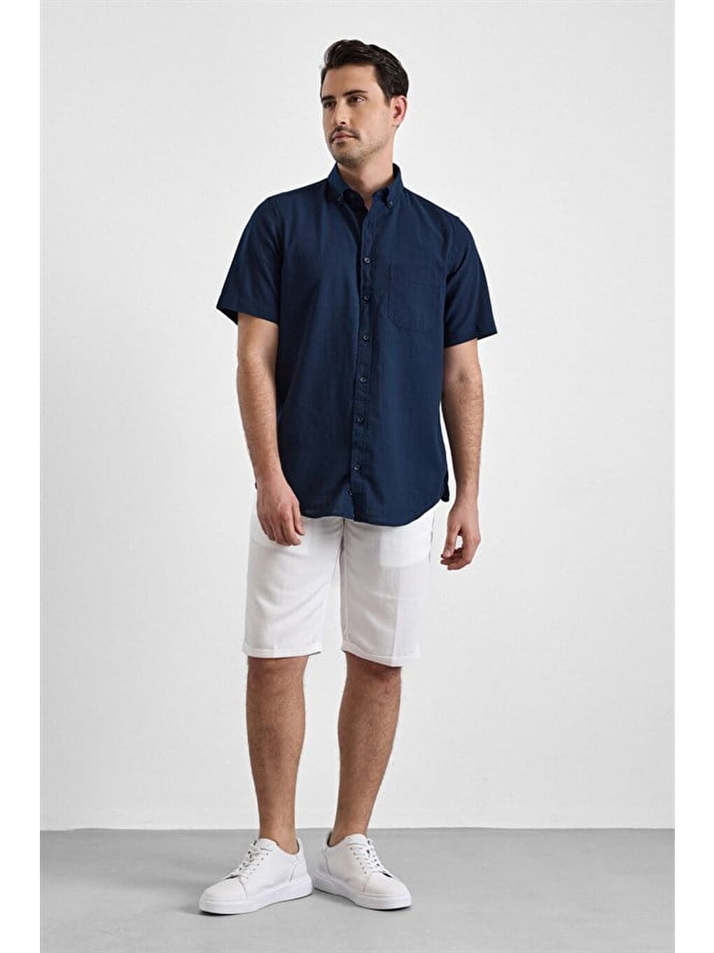 Lacivert Regular Düğmeli Yaka Düz Casual Gömlek-5