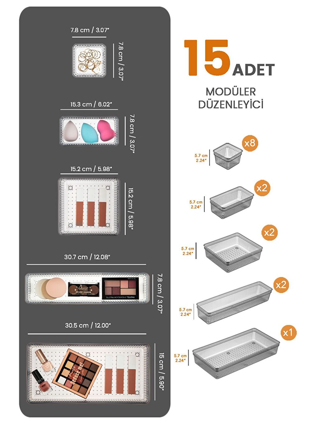 15'li Çekmece İçi Organizer Kozmetik Takı Makyaj Organizeri Dolap İçi Düzenleyici Antrasit-1