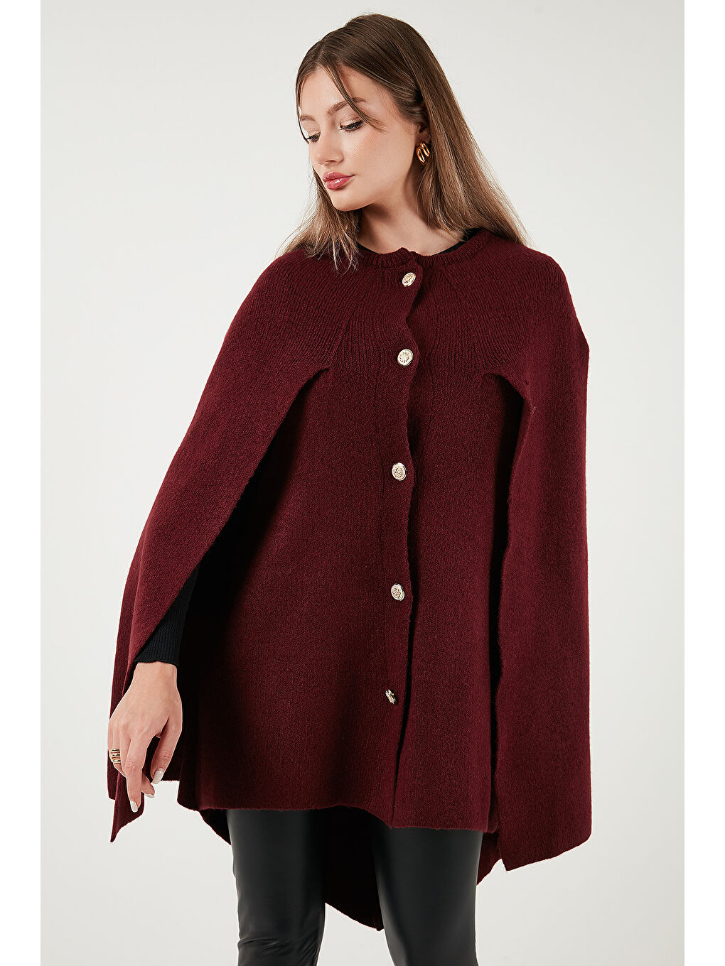 Bordo Oversize Fit Bisiklet Yaka Pelerin Kol Düğmeli Kadın Panço 4617015