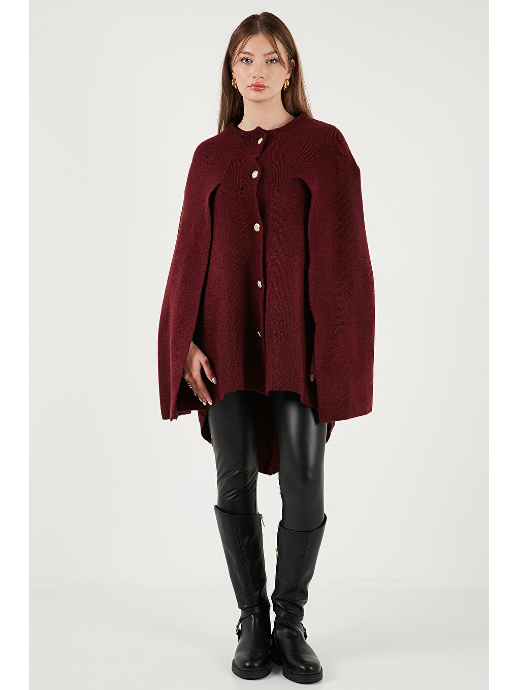 Bordo Oversize Fit Bisiklet Yaka Pelerin Kol Düğmeli Kadın Panço 4617015-1