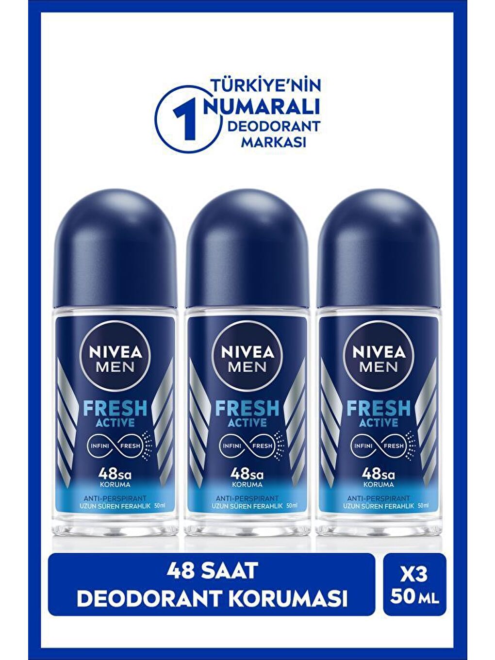 NIVEA Şeffaf MEN Erkek Roll-on Deodorant Fresh Active 50ml, 48 Saat Koruma, X3 Adet