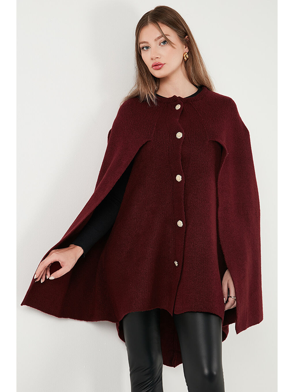 Bordo Oversize Fit Bisiklet Yaka Pelerin Kol Düğmeli Kadın Panço 4617015-2