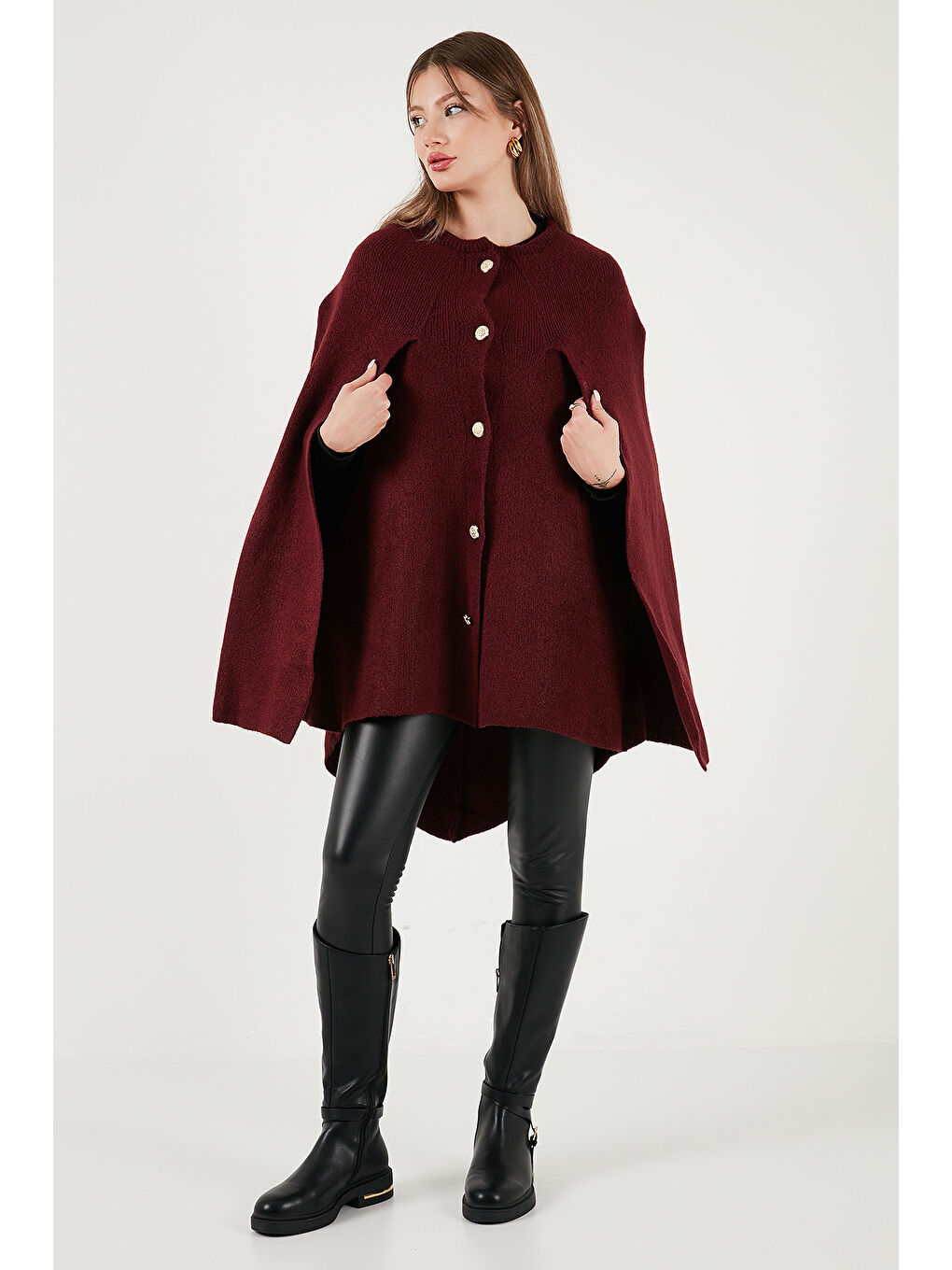 Bordo Oversize Fit Bisiklet Yaka Pelerin Kol Düğmeli Kadın Panço 4617015-3