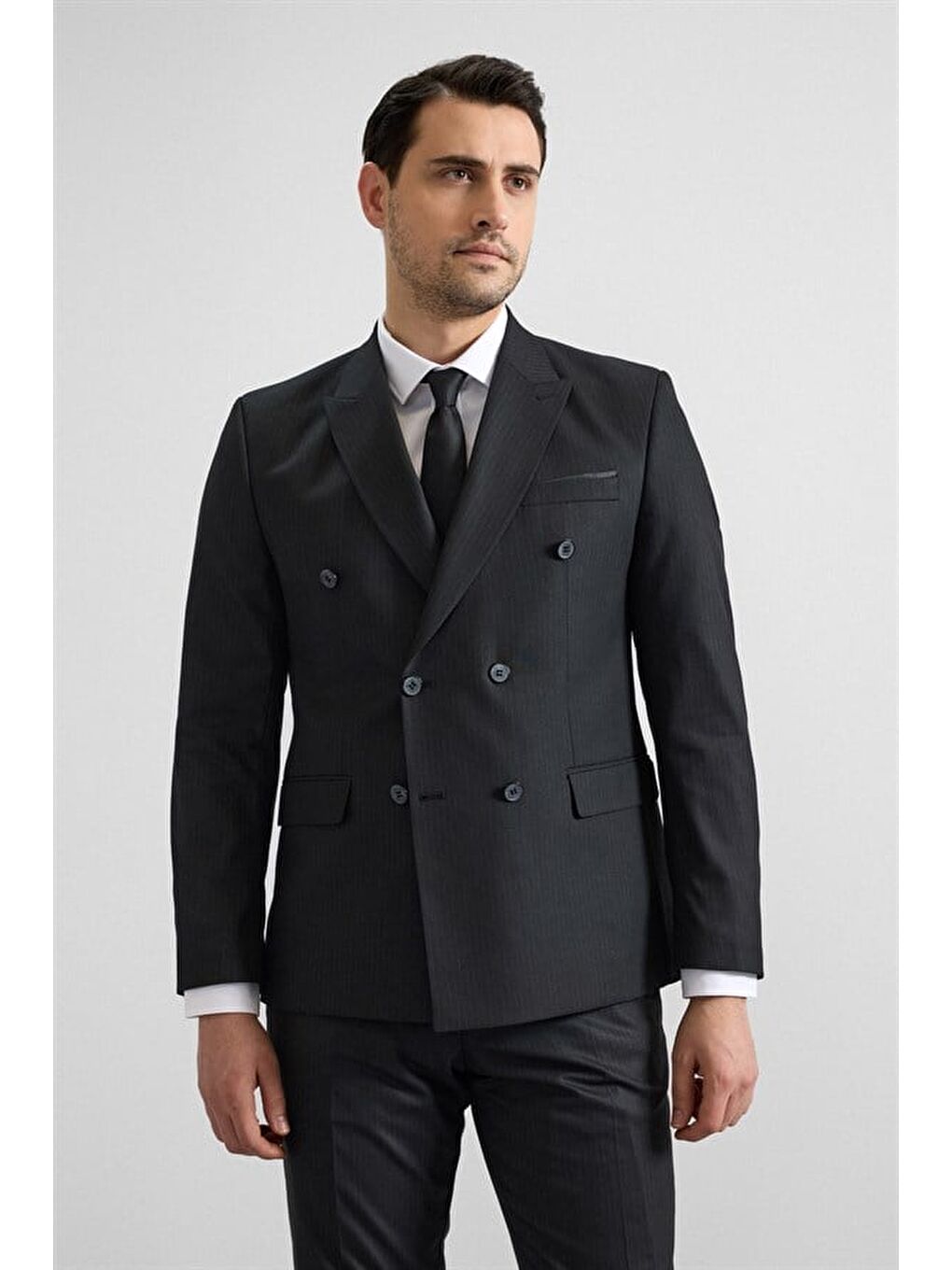 Siyah Slim Kruvaze Yaka 6 Drop Takım Elbise-1