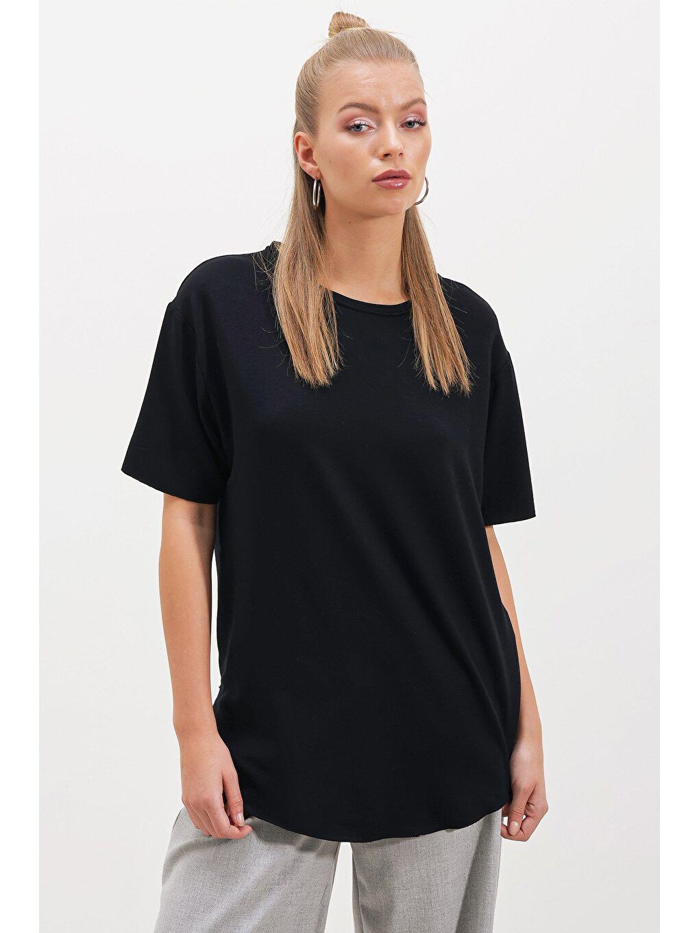 Siyah İki İplik Salaş Etek Oval  T-SHİRT-1