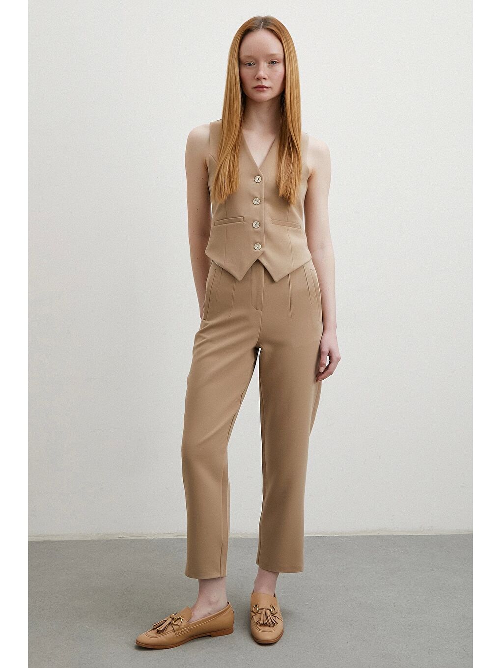 Bej Önü Pensli Skinny Kumaş Pantolon Vizon