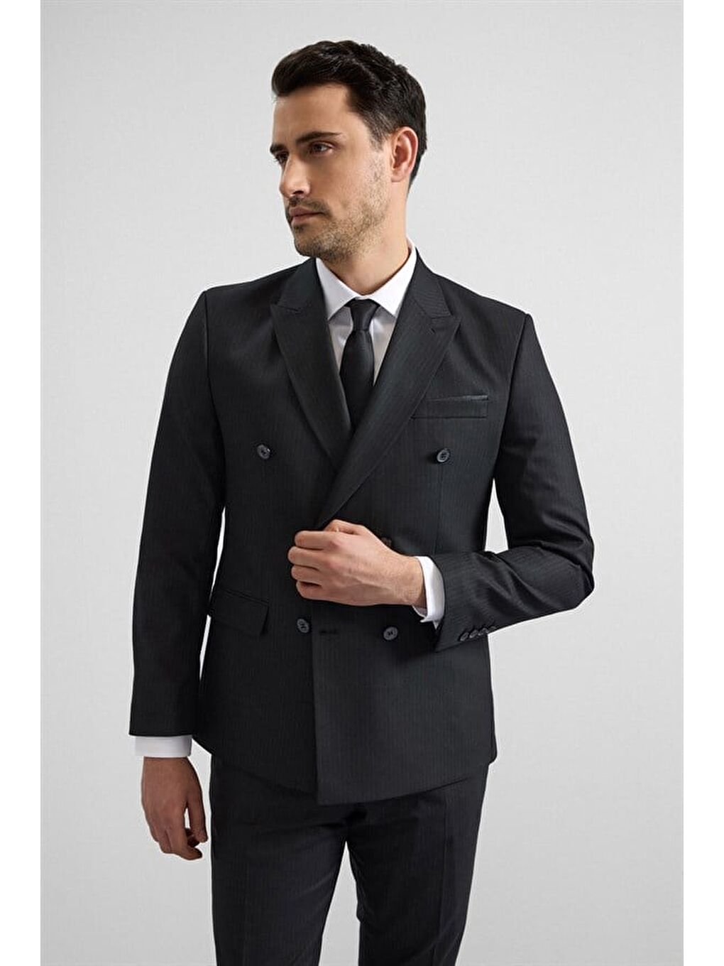 Siyah Slim Kruvaze Yaka 6 Drop Takım Elbise-2