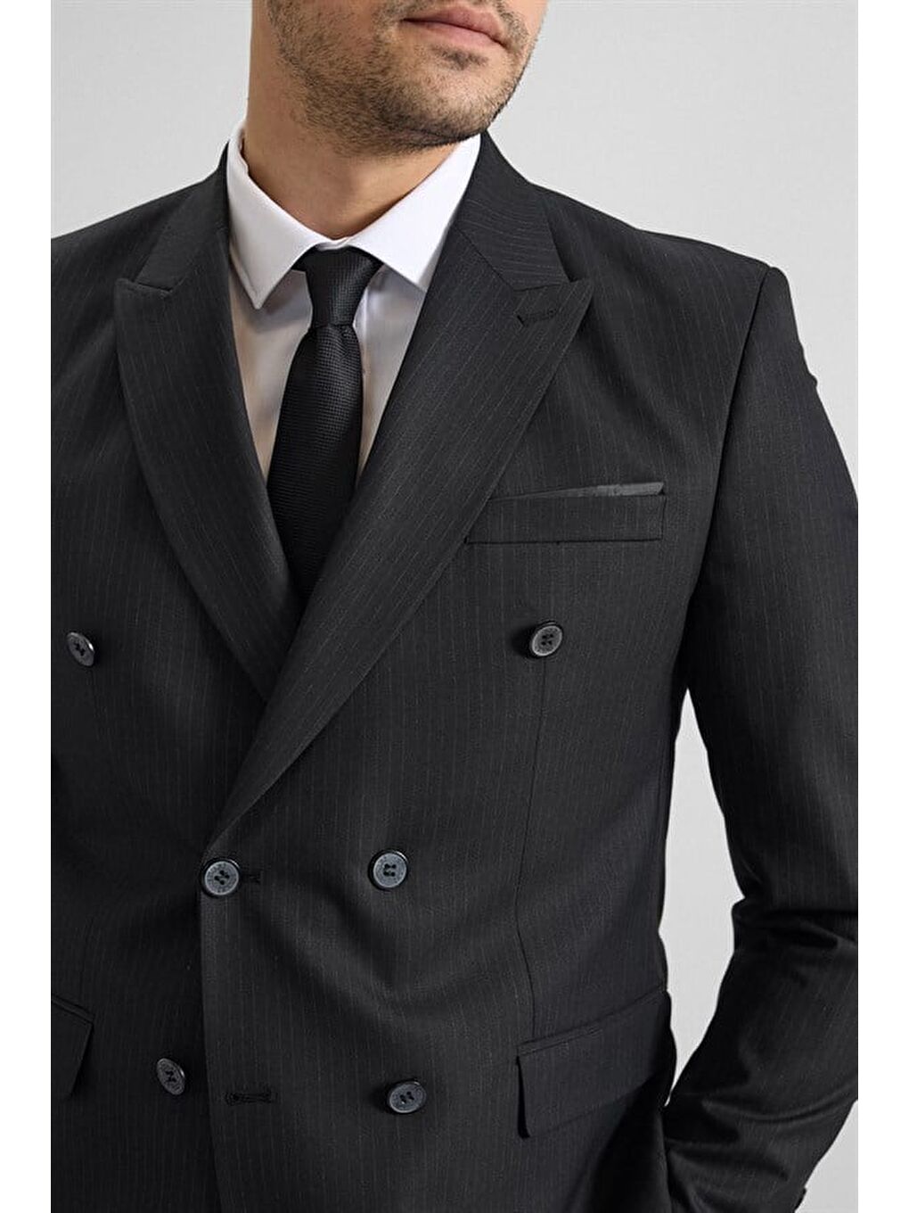 Siyah Slim Kruvaze Yaka 6 Drop Takım Elbise-3