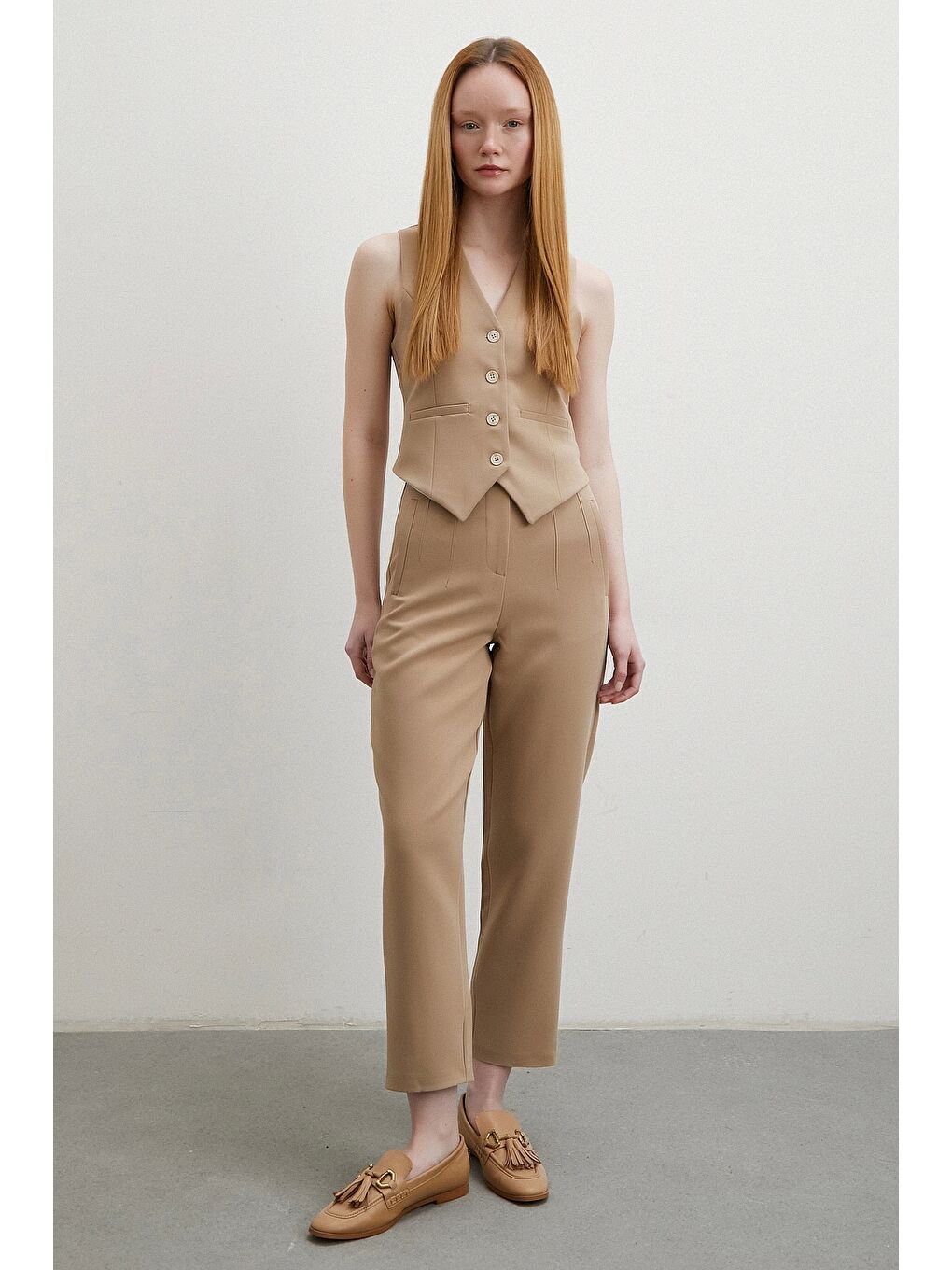 Bej Önü Pensli Skinny Kumaş Pantolon Vizon-2