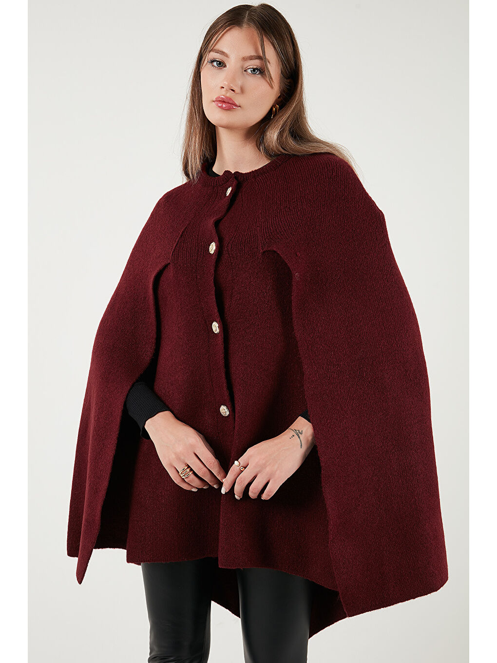 Bordo Oversize Fit Bisiklet Yaka Pelerin Kol Düğmeli Kadın Panço 4617015-4