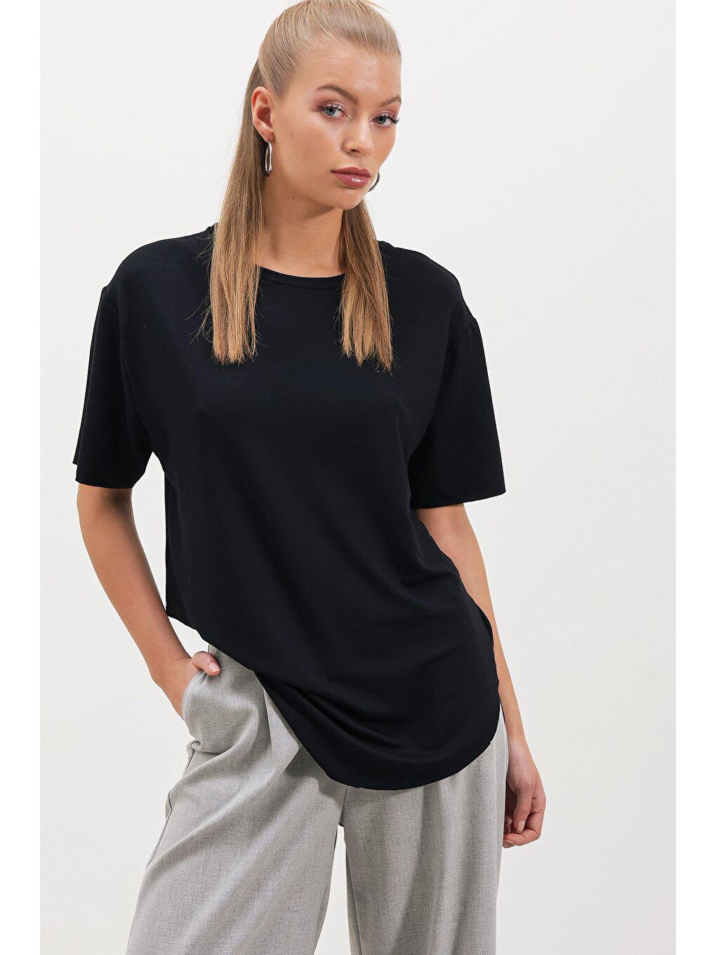 Siyah İki İplik Salaş Etek Oval  T-SHİRT-2