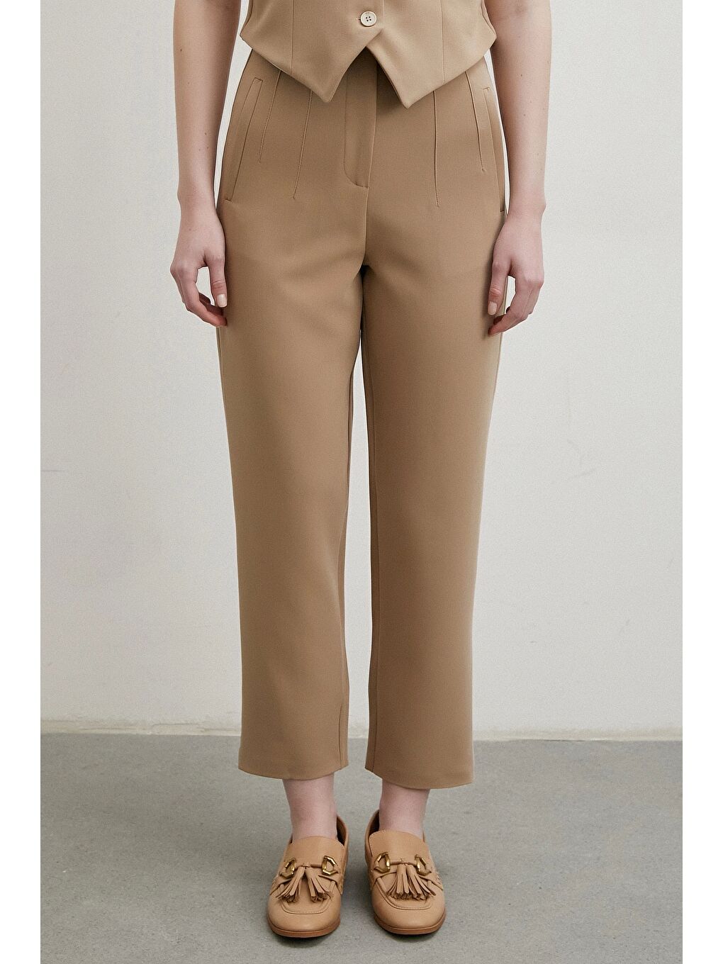 Bej Önü Pensli Skinny Kumaş Pantolon Vizon-3