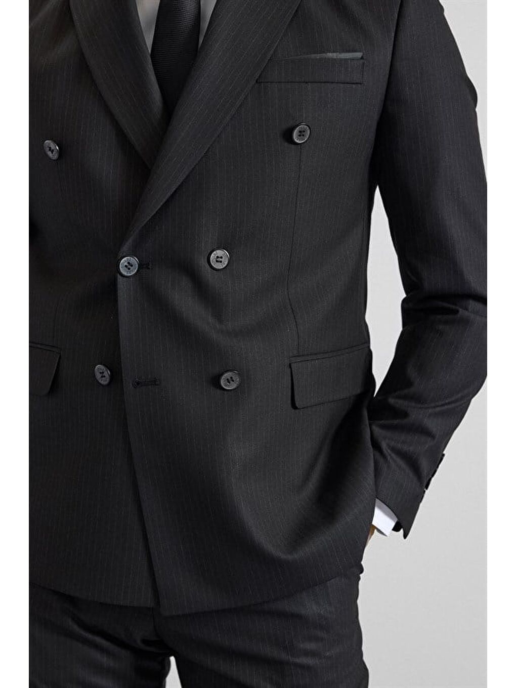 Siyah Slim Kruvaze Yaka 6 Drop Takım Elbise-4