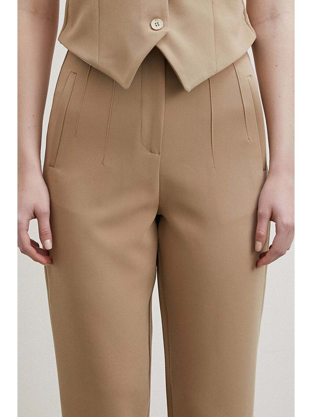 Bej Önü Pensli Skinny Kumaş Pantolon Vizon-4