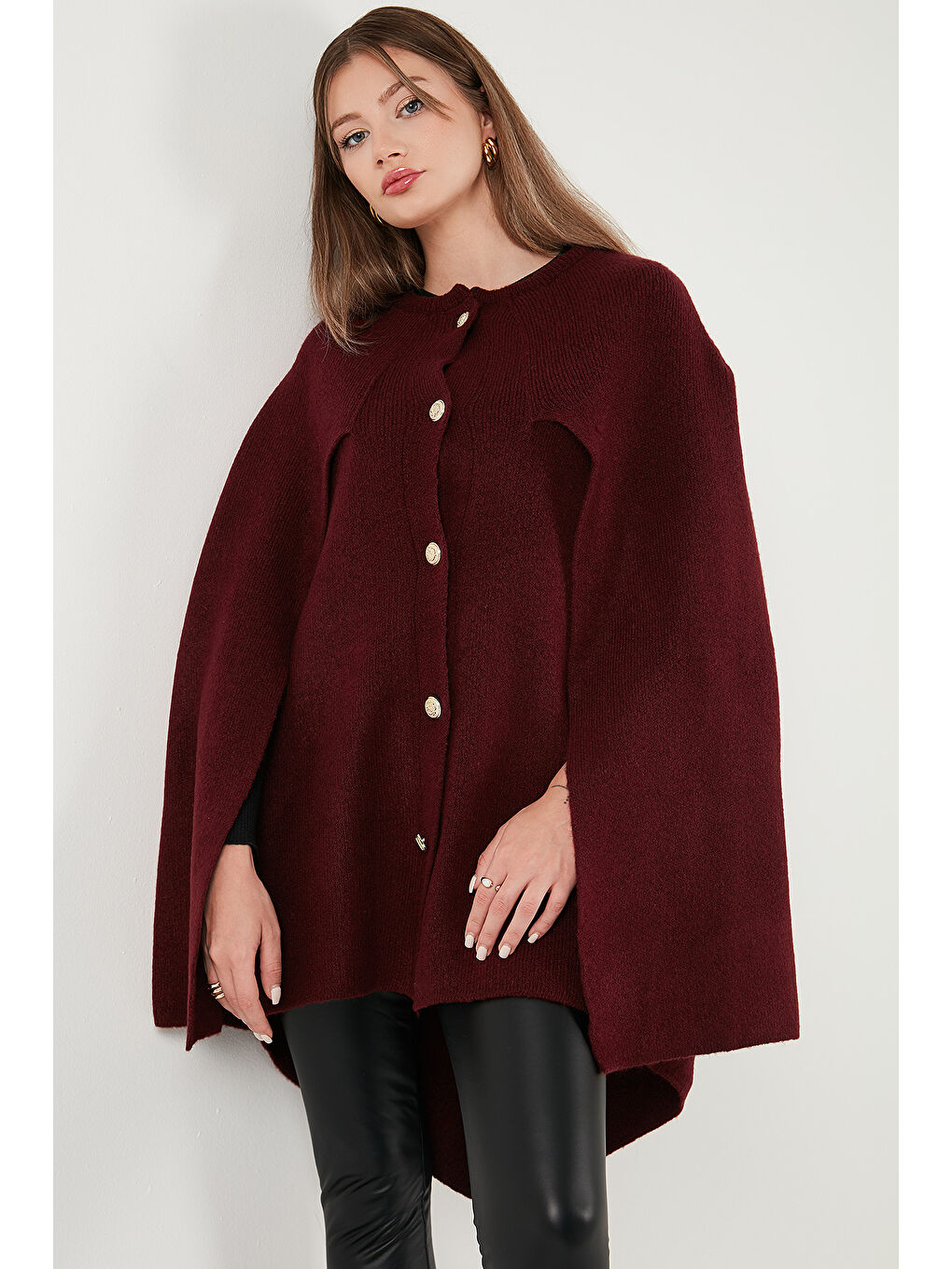 Bordo Oversize Fit Bisiklet Yaka Pelerin Kol Düğmeli Kadın Panço 4617015-5