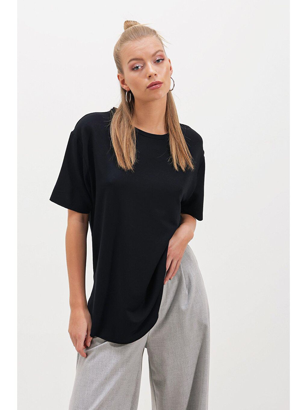 Siyah İki İplik Salaş Etek Oval  T-SHİRT-3