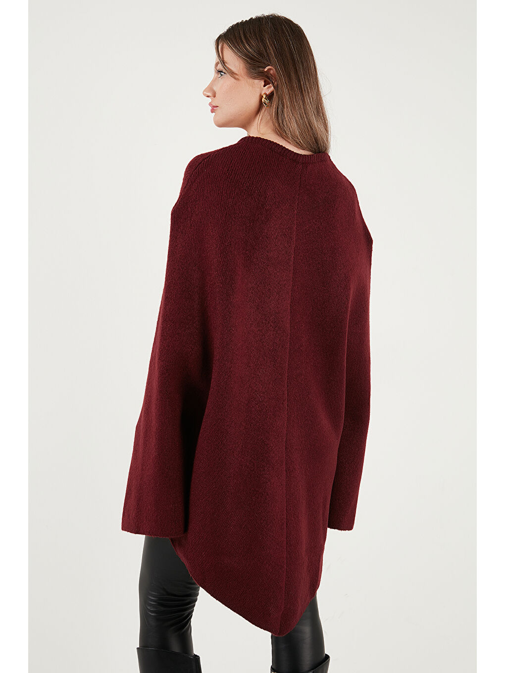 Bordo Oversize Fit Bisiklet Yaka Pelerin Kol Düğmeli Kadın Panço 4617015-6