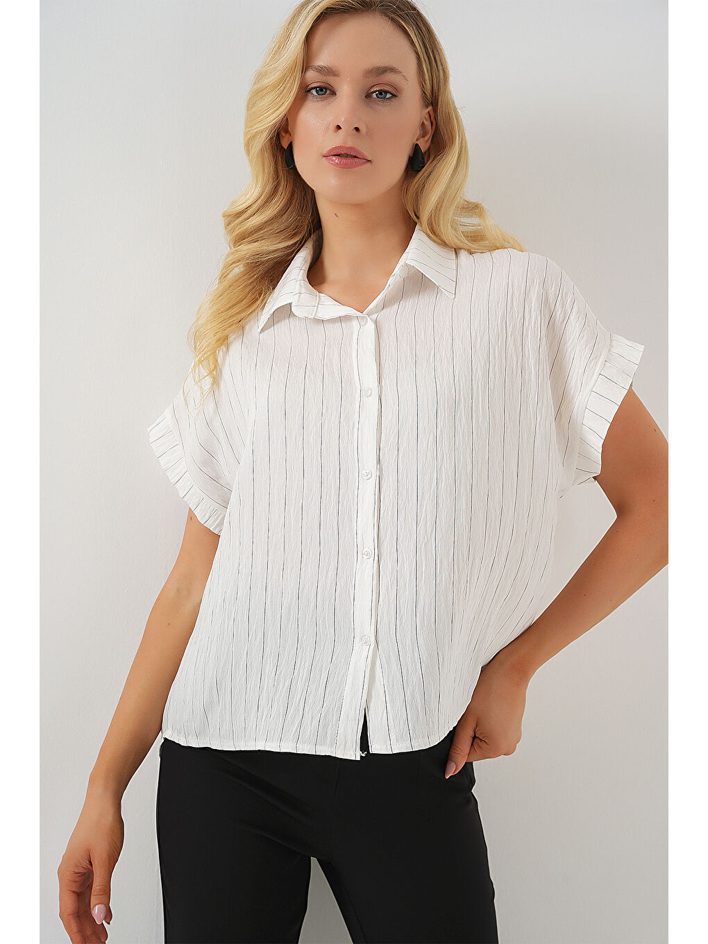 Kadın Çizgili Kısa Kol Gömlek 20327 - Beyaz-2