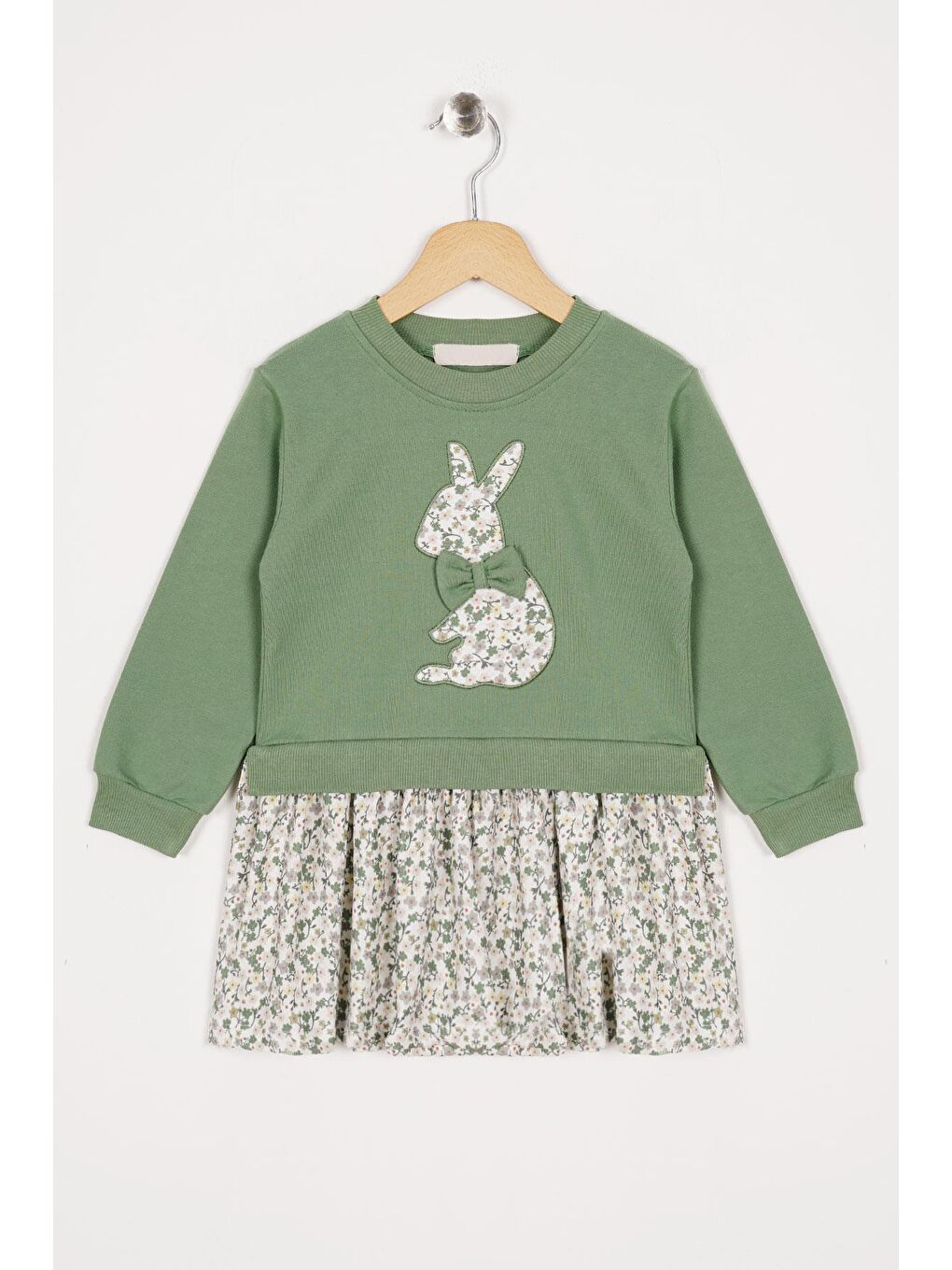 Turkuaz Bisiklet Yaka Uzun Kol Tavsan Baskılı Su Yeşil Renk Kız Çocuk Etekli Takım