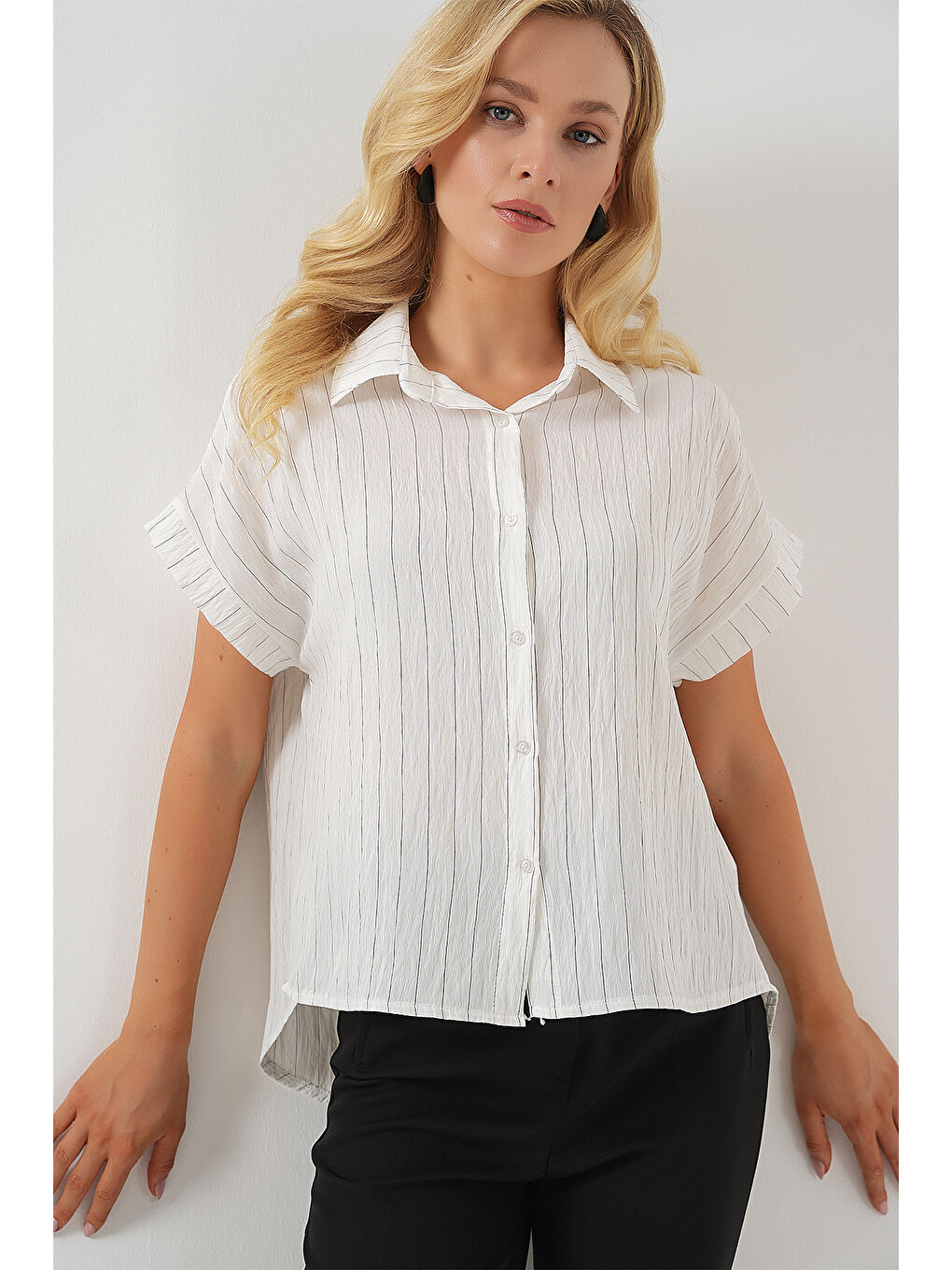 Kadın Çizgili Kısa Kol Gömlek 20327 - Beyaz-3