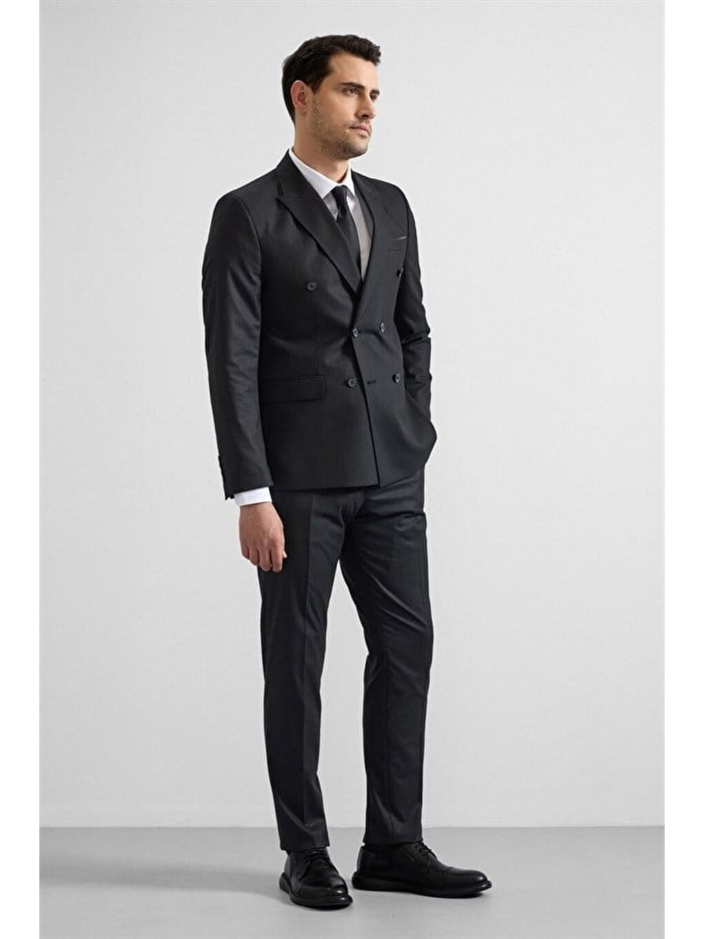 Siyah Slim Kruvaze Yaka 6 Drop Takım Elbise-6