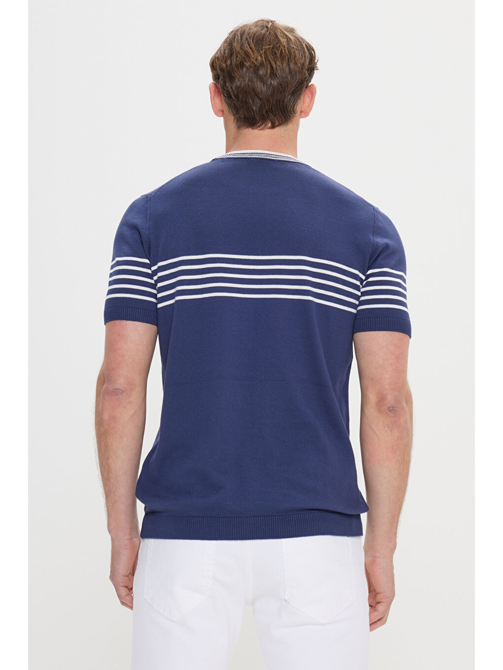 Erkek Lacivert-Beyaz Standart Fit Normal Kesim %100 Pamuk Çizgili Bisiklet Yaka Triko Tişört-3