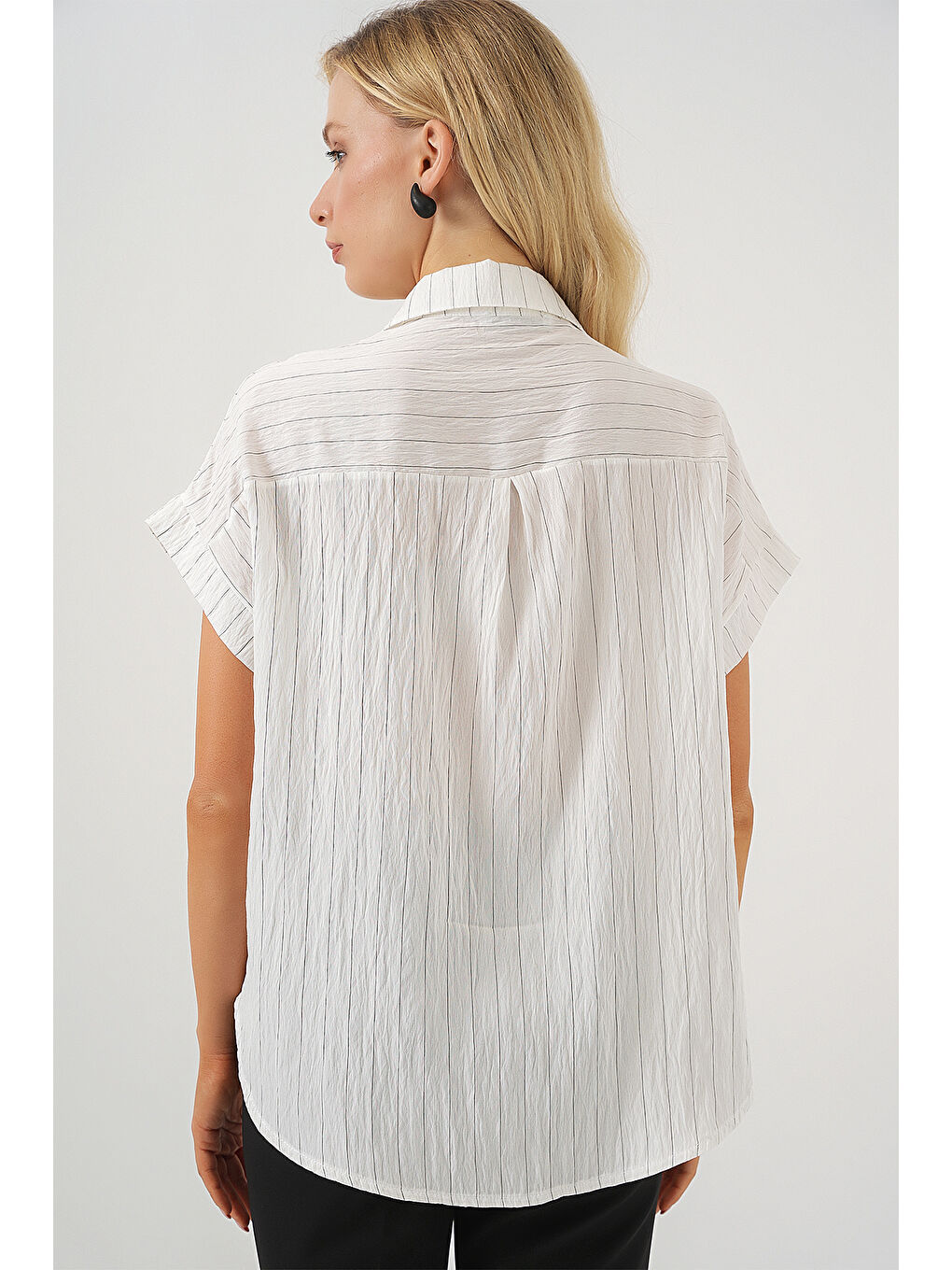 Kadın Çizgili Kısa Kol Gömlek 20327 - Beyaz-5