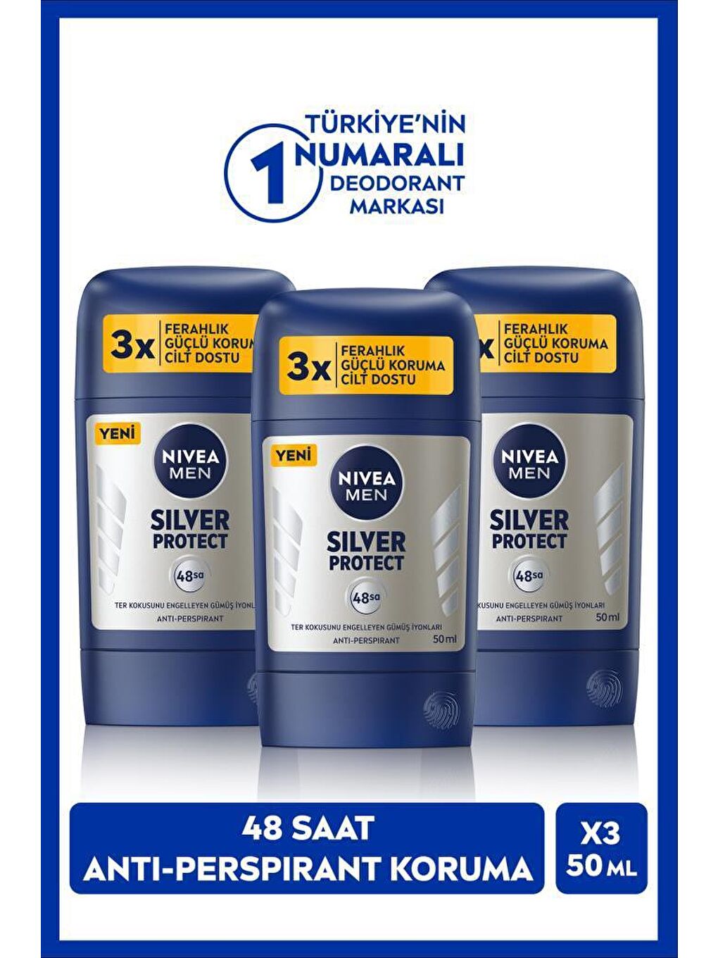 NIVEA MEN Erkek Stick Deodorant Silver Protect 50ml, 48 Saat Koruma, X3 Adet