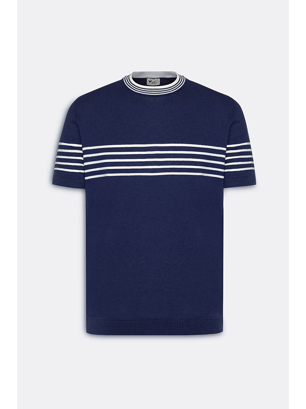Erkek Lacivert-Beyaz Standart Fit Normal Kesim %100 Pamuk Çizgili Bisiklet Yaka Triko Tişört-4