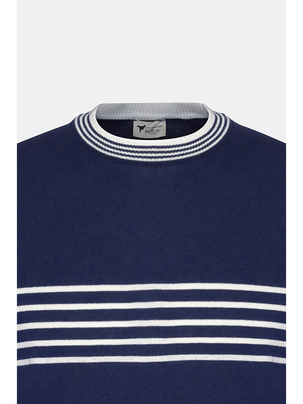 Erkek Lacivert-Beyaz Standart Fit Normal Kesim %100 Pamuk Çizgili Bisiklet Yaka Triko Tişört-5