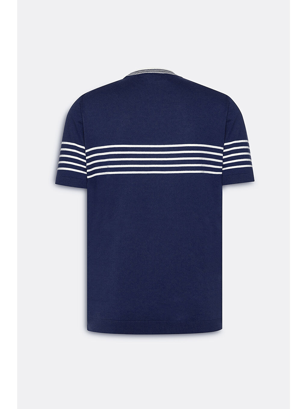 Erkek Lacivert-Beyaz Standart Fit Normal Kesim %100 Pamuk Çizgili Bisiklet Yaka Triko Tişört-7