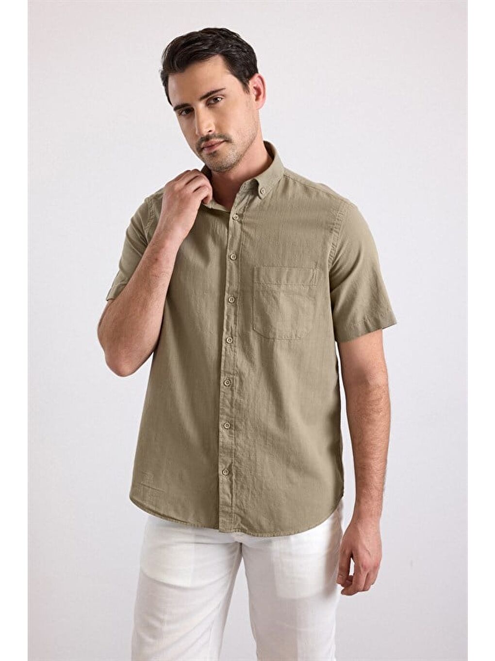 Haki Regular Düğmeli Yaka Düz Casual Gömlek-1