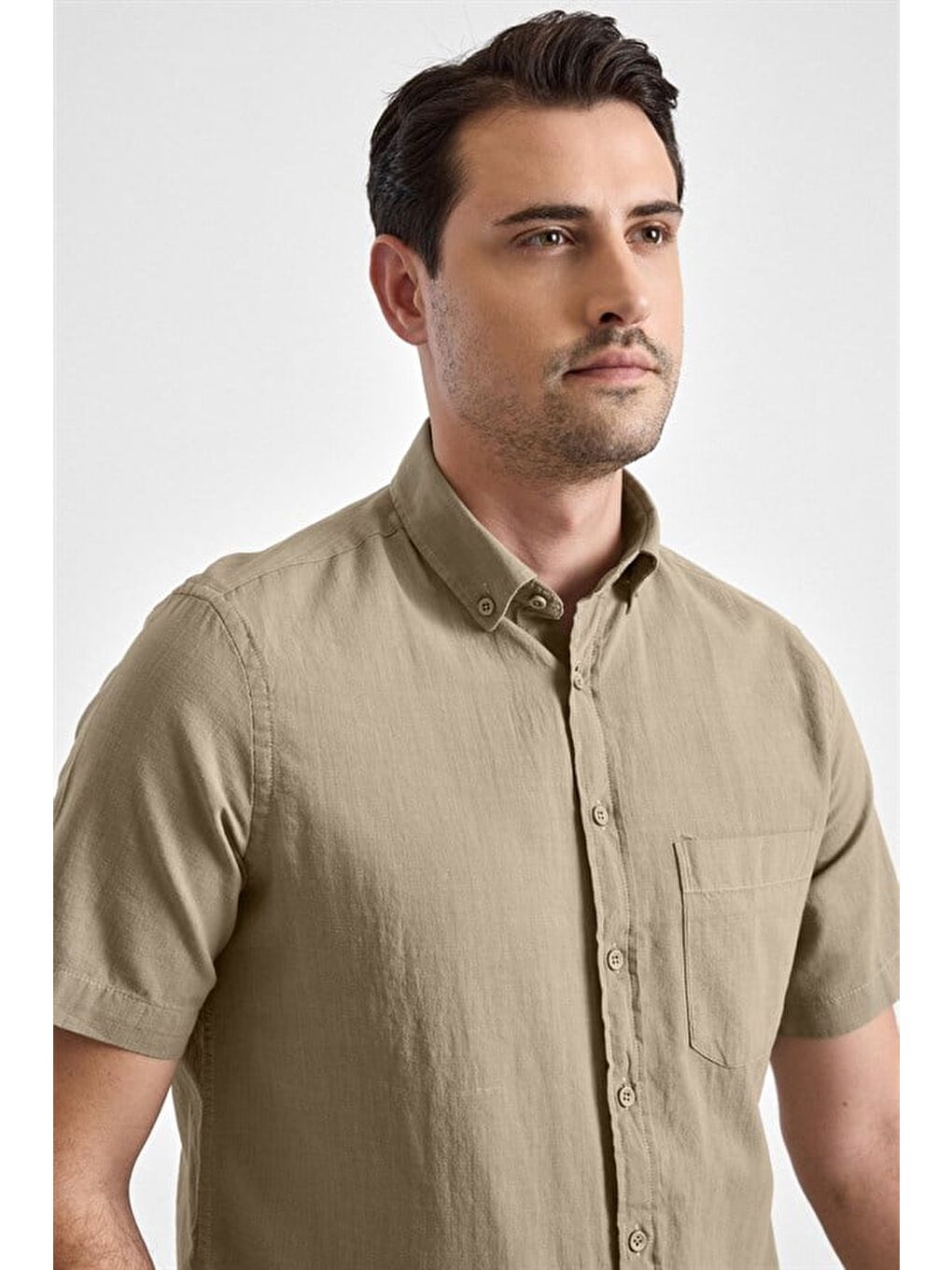 Haki Regular Düğmeli Yaka Düz Casual Gömlek-2