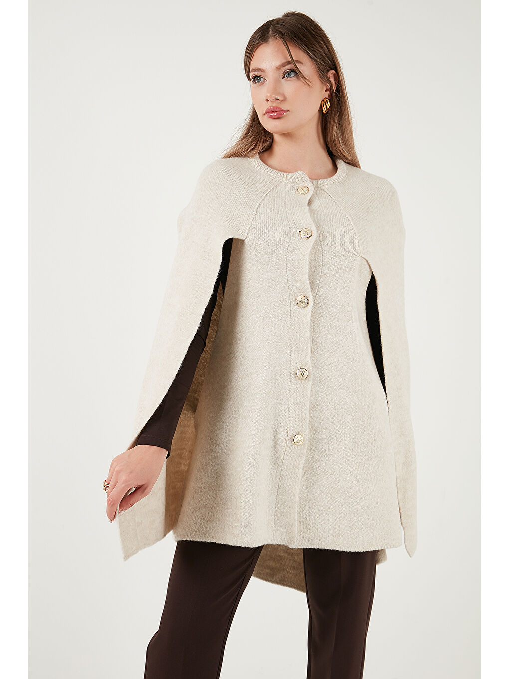 Bej Oversize Fit Bisiklet Yaka Pelerin Kol Düğmeli Kadın Panço 4617015-4