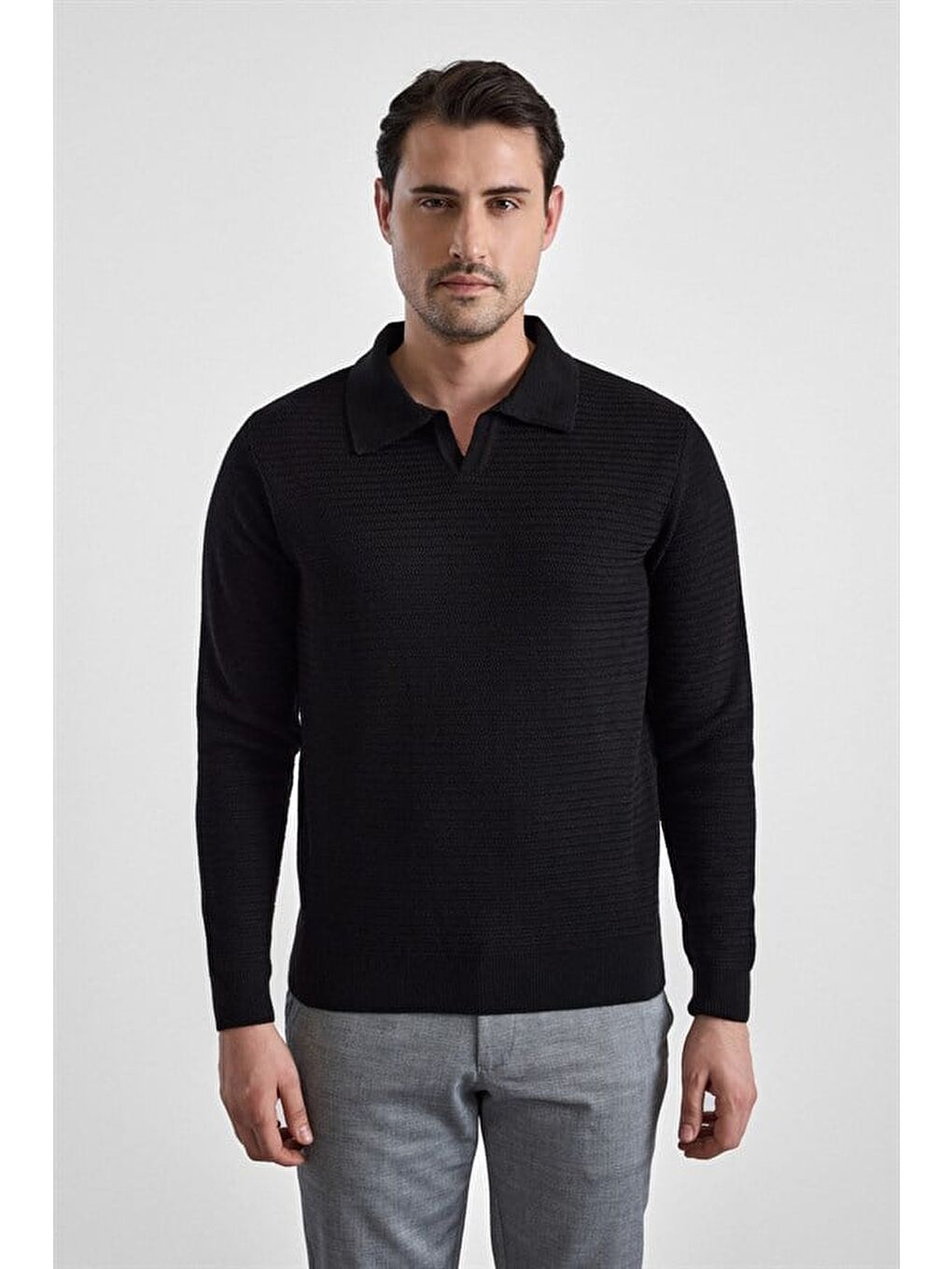 Siyah Regular Düğmeli Polo Yaka Kazak