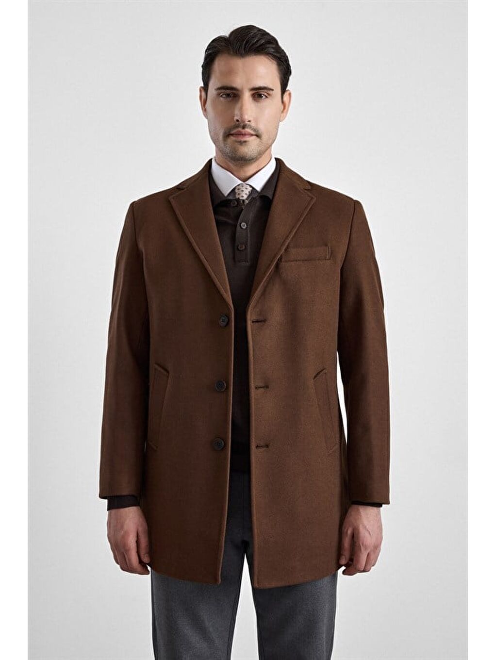 Kahverengi Koyu Kahve Slim Mono Yaka Düz Yan Cepli Düğmeli Dolgusuz Rüzgar Geçirmez Kaban-1